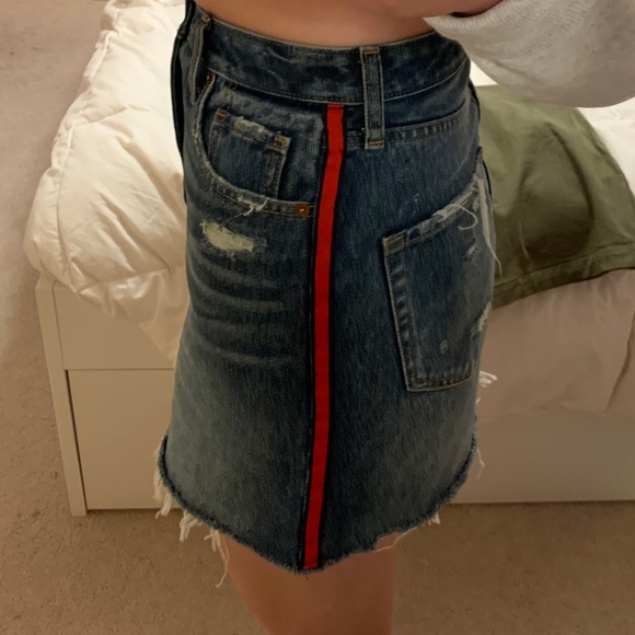 Abercrombie Jean Skirt w/ Red Stripe + Distressing - Picture 2 of 10